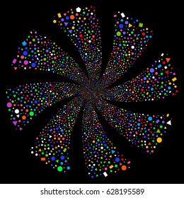 Geometric Figures fireworks swirl rotation. Vector illustration style is flat bright multicolored iconic symbols on a black background. Object twirl combined from random symbols.