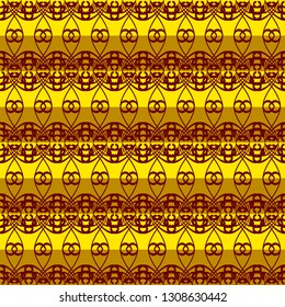 geometric figures forming dark red ornaments on a golden background