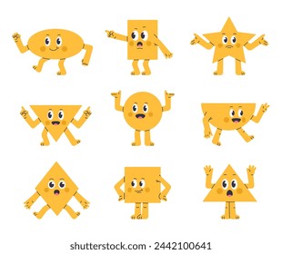 Geometric figures with funny faces. Funny comic geometric shapes, triangle, star and circle characters flat vector illustration set. Cute mascots with various emotions