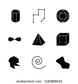 Geometric figures glyph icons set. Prism model. Connected lines. Striped circle. Eternity sign. Pyramid, cube. Round abstract shapes. Isometric forms. Silhouette symbols. Vector isolated illustration