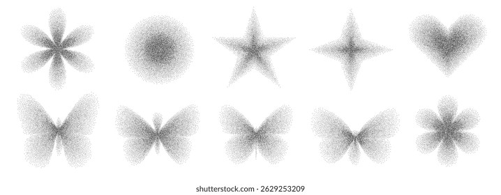Figuras geométricas com gradiente de ruído dos grãos. Formas de pontilhamento retro Y2k definidas. Ícones de borboleta, círculo, coração e estrela isolados no fundo branco. Ilustração de formas em preto e branco vetoriais.
