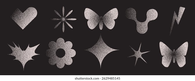 Figuras geométricas com gradiente de ruído dos grãos. Formas de pontilhamento retro Y2k definidas. Ícones de borboleta, coração e flor de estrela isolados no fundo escuro. Ilustração de formas de gradação de cor de areia vetorial.
