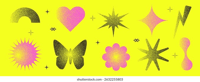 Geometric figures with grain noise gradient texture. Y2k retro stippling forms set. Butterfly, heart and semicircle, star flower icons on yellow background. Vector gritty gradation shape illustration.