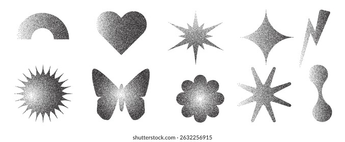 Geometric figures with grain noise gradient texture. Y2k retro stippling forms set. Butterfly, heart and star flower icons on white background. Vector gritty monochrome gradation shapes illustration.