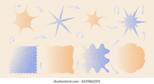Geometric figures with grain noise gradient. Y2k retro stippling forms set. Star and rectangle icons isolated on beige background. Vector gritty gradation shapes illustration.