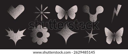 Geometric figures with grain noise gradient. Y2k retro stippling forms set. Butterfly, heart and star flower icons isolated on dark background. Vector gritty gradation shapes illustration.