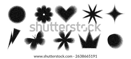 Geometric figures with grain noise gradient texture. Y2k retro stippling forms set. Heart, circle, star with flower icons on white background. Vector gritty monochrome gradation shapes illustration.
