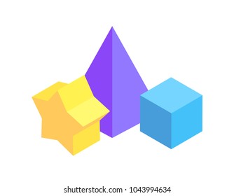 Geometric figures group, color vector illustration isolated on white background, pentagrammic prism and cube, lilac pyramid, geometric yellow star