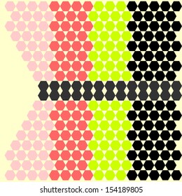geometric figures group organized in vertical mosaics acid green colors, black, red and pink-
