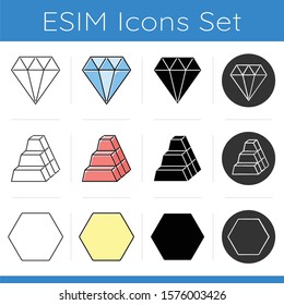Geometric figures icons set. Diamond jewelry. Stock of dimensional blocks. Solid hexagon. Abstract shapes. Isometric forms. Flat design, linear, black and color styles. Isolated vector illustrations
