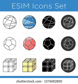 Geometric figures icons set. Lines enclosed in sphere. Dodecahedron. Cube with grid. Abstract shapes. Isometric forms. Flat design, linear, black and color styles. Isolated vector illustrations