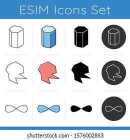 Geometric figures icons set. Prism with hexagon base. Spot with sharp edges. Eternity sign. Abstract shapes. Isometric forms. Flat design, linear, black and color styles. Isolated vector illustrations