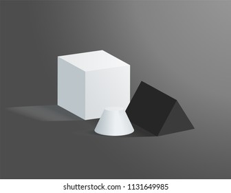Geometric figures isolated on grey background, vector illustration with black and white shapes, big cube and small blunted cone, triangular prism