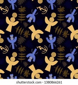geometric figures of light brown and blue with textures of lines and dots on a dark gray background