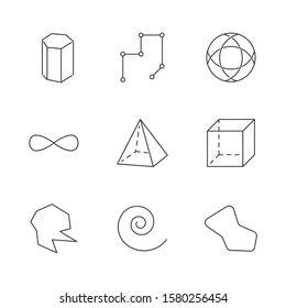 Geometric figures linear icons set. Prism, circle. Eternity sign. Pyramid, cube. Abstract shapes. Isometric forms. Thin line contour symbols. Isolated vector outline illustrations. Editable stroke