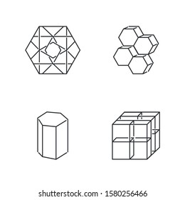Geometric figures linear icons set. Hexagon, combs. Prism model. Cube with grid. Abstract shapes. Isometric forms. Thin line contour symbols. Isolated vector outline illustrations. Editable stroke
