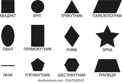 Geometric figures with names on Ukrainian. Translation: square circle triangle parallelogram oval rectangle rhombus star line pentagon hexagon trapezium