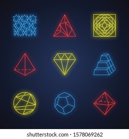 Geometric figures neon light icons set. Abstract shapes. Isometric forms. Geometric ornament. Polygonal triangle. Prism. Double pyramid. Lined circle. Glowing signs. Vector isolated illustrations