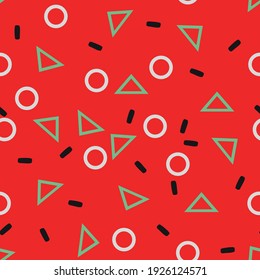 Geometric figures on a red background vector, seamless pattern.