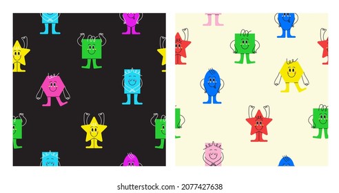 Geometric figures pattern with funny face, cute creations with emotions. Different shapes set vector for children's education. Hexagon, star, square are shown.