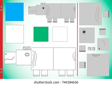 Geometric figures in pictures for children. The task is to cut out the squares and assemble the hippopotamus. An educational puzzle game with a hint. Vector illustration. Training sheet for printing