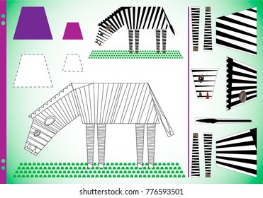 Geometric figures in pictures for children. The task is to cut the trapeze and collect the zebra. An educational puzzle game with a hint. Vector illustration. Training sheet for printing