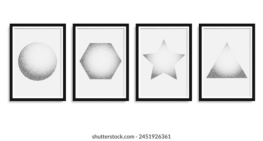 Geometric figures. Pictures in frame. Drawing using dots. White noise grainy texture. Vector illustration.	