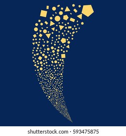 Geometric Figures random fireworks stream. Vector illustration style is flat yellow iconic symbols on a blue background. Object fountain done from scattered symbols.