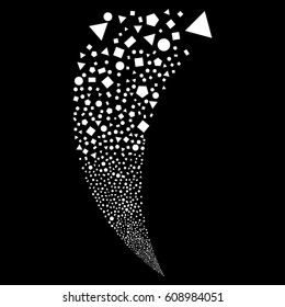 Geometric Figures random fireworks stream. Vector illustration style is flat white iconic symbols on a black background. Object fountain organized from scattered design elements.