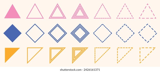 Geometric figures. Rhombus, square, triangle. Many colorful figures. Variations of figures. Vector illustration of shapes and figures