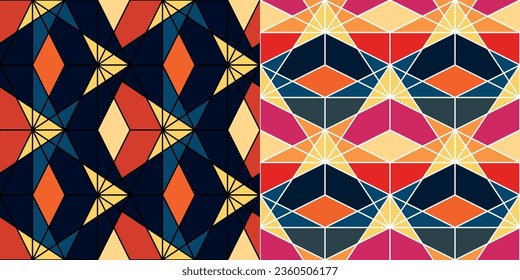 geometric figures rhombuses stained glass seamless pattern, Stained glass graphic ornament	