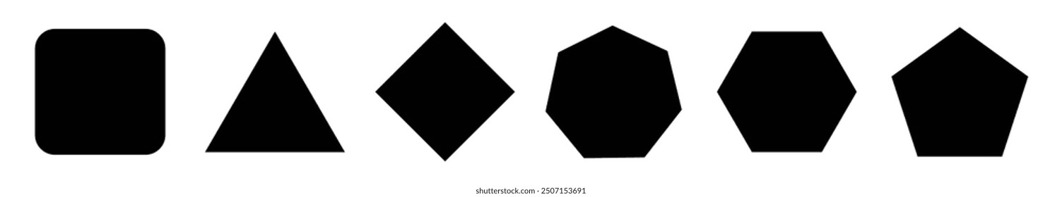 Geometric figures with rounded corners. Triangle, square or squircle, pentagon, hexagon and octagon shapes isolated Vector graphic illustration.