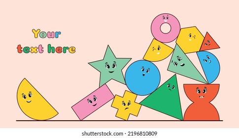 Geometric figures set. Collection of funny stickers for website. Rectangle, polygon, triangle and circle. Training and education. Comic patterns for learning. Cartoon flat vector illustration