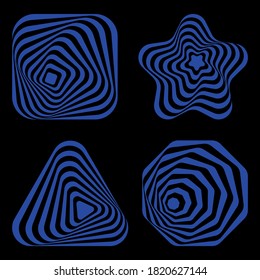 Geometric figures of spiral illusion. Vector illustration in the style of the 80s and 90s. Flower, star, square triangle, octagon. 
