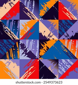 Geometric figures triangle, rhombus, square grunge scratches and attrition texture seamless pattern. Trendy motley checkered background, wallpaper, wrapping paper, textile, print, layout bright colors