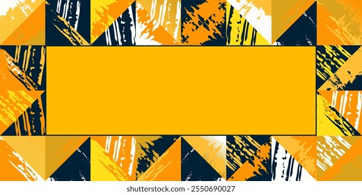 Geometric figures triangle, rhombus, square grunge scratches and attrition texture banner background, wallpaper, web, print, layout bright colors. Trendy motley checkered space for text