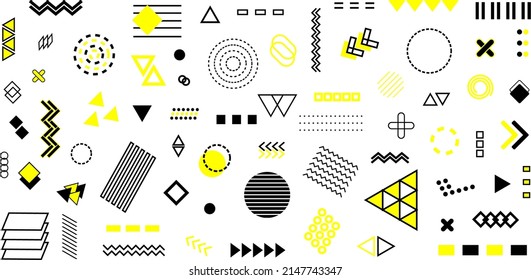 Geometric figures vector set. Memphis design, vintage style creative elements. Web, UI, advertising, commercial wallpaper detailed icons. Collection of trendy geometric vector shapes