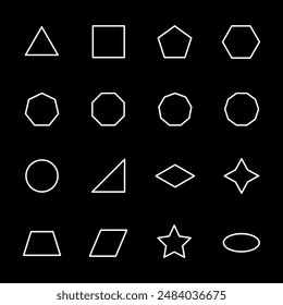 Figuras geométricas, iconos de línea blanca. Diversas Formas y símbolos. diseño y temática educativa. Símbolos sobre fondo negro. Trazo editable.