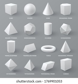 Geometric figures white realistic mockups set. Cone, cube, sphere, hexagonal, triangular, pentagonal prisms, square, hexagonal pyramids, dodecahedron, cylinder, icosahedron vector isolated collection.