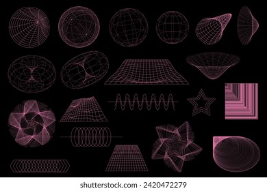 Geometric figures, wireframes vector 3d geometric shapes, set of different linear forms, Distorted mesh grids