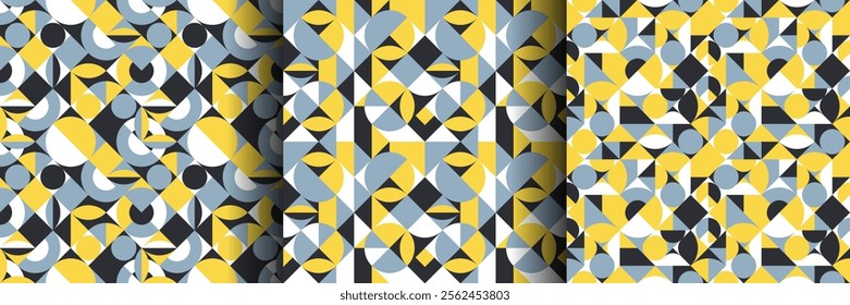 Geometric figures yellow white blue black seamless pattern background, wallpaper, web, print, layout set 