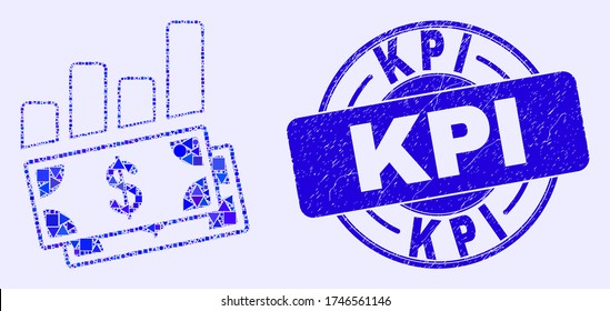 Geometric financial charts mosaic icon and Kpi seal stamp. Blue vector round grunge stamp with Kpi text. Abstract mosaic of financial charts created of circle, tringle, square geometric spots.