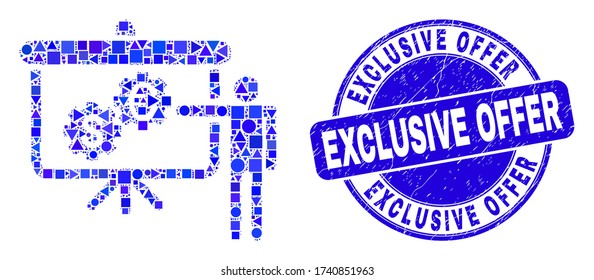 Geometric financial engine presentation mosaic icon and Exclusive Offer seal stamp. Blue vector rounded distress seal stamp with Exclusive Offer phrase.