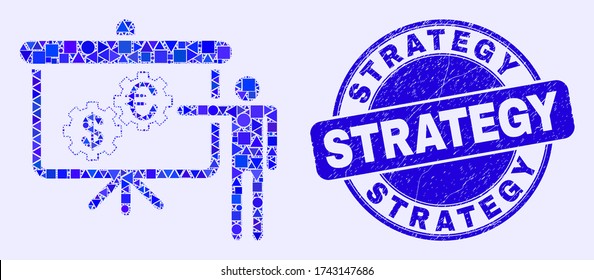 Geometric financial engine presentation mosaic pictogram and Strategy stamp. Blue vector rounded grunge seal stamp with Strategy text.
