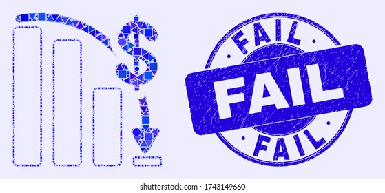 Geometric financial epic fail chart mosaic pictogram and Fail seal. Blue vector round grunge seal with Fail message. Abstract composition of financial epic fail chart combined of circle, tringle,