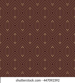 Geometric fine abstract vector hexagonal background. Seamless modern pattern. Brown and golden pattern