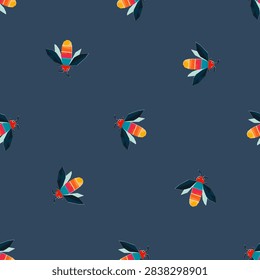 Geometric firefly beetle seamless pattern on dark background. Colorful low poly glowing bug vector repeating background for kids textile and wallpaper.