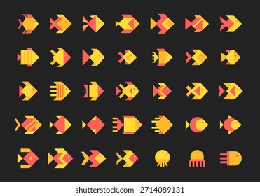 Conjunto de iconos de peces geométricos. Colección mínima de Vector de animales oceánicos en amarillo y coral. Formas Abstractas de pescado de polietileno bajo para pegatinas, logotipos y Clipart
