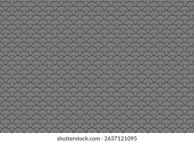 Geometric fish scale pattern from black semi-circular lines on a white background. Modern and abstract design, ideal for textiles, packaging, or minimalist backgrounds. Elegant, stylish.