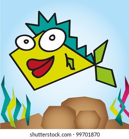 geometric fish, with seaweed background, vector illustration